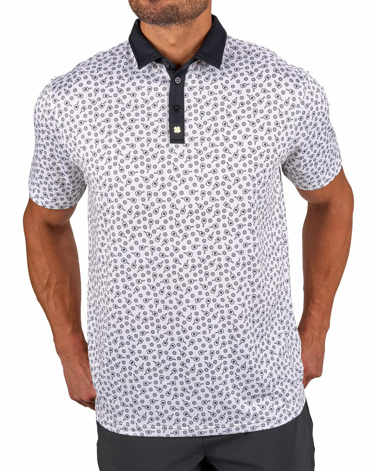 Men's Black and White Pickleball Themed Polo for Golf and Lifestyle