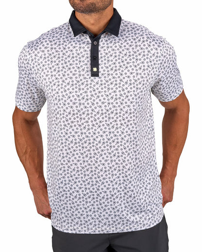 Men's Black and White Pickleball Themed Polo for Golf and Lifestyle