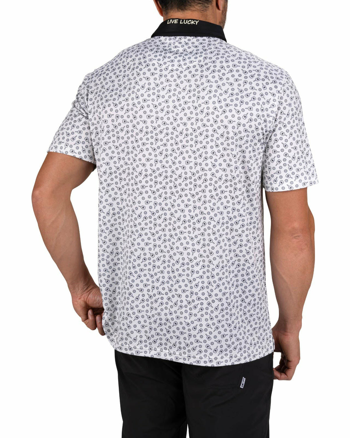 Men's Black and White Pickleball Themed Polo for Golf and Lifestyle