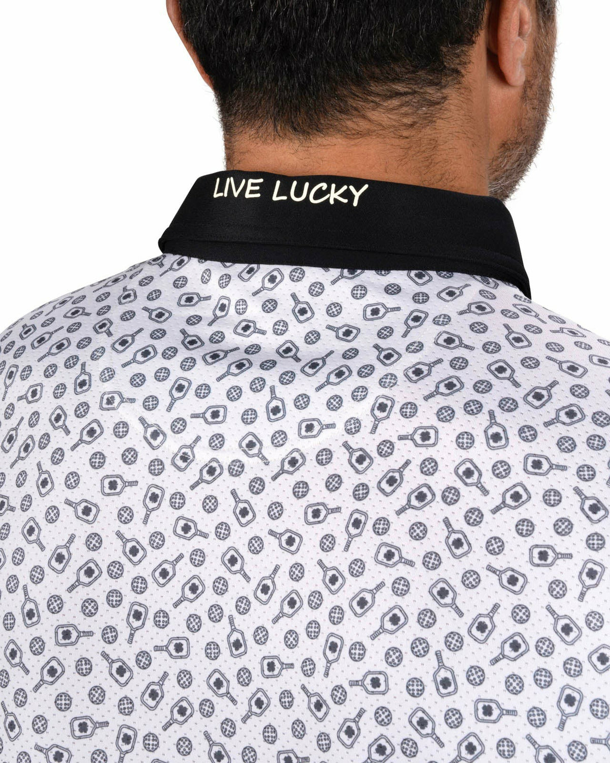 Men's Black and White Pickleball Themed Polo for Golf and Lifestyle