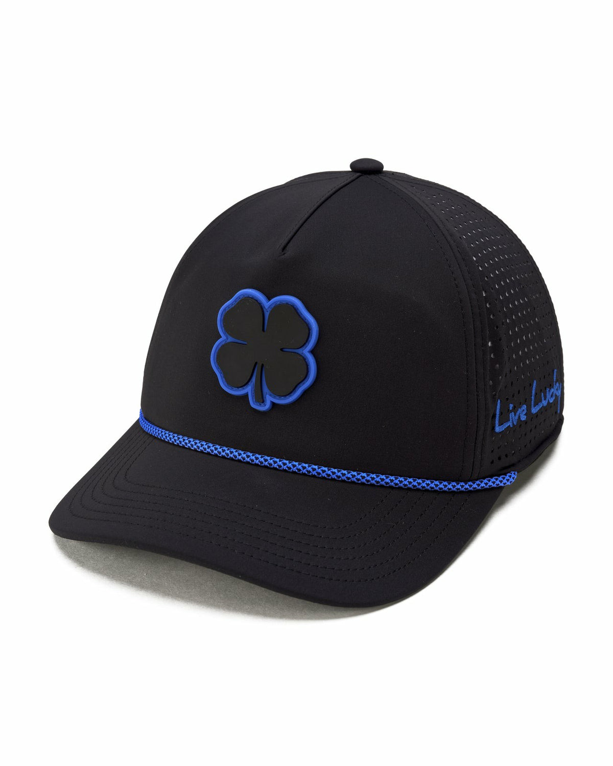 Unisex Black Summer Rope Hat with Neon Blue Clover Logo