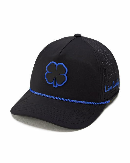 Unisex Black Summer Rope Hat with Neon Blue Clover Logo
