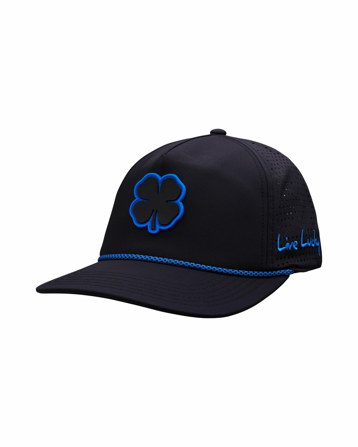 Unisex Black Summer Rope Hat with Neon Blue Clover Logo