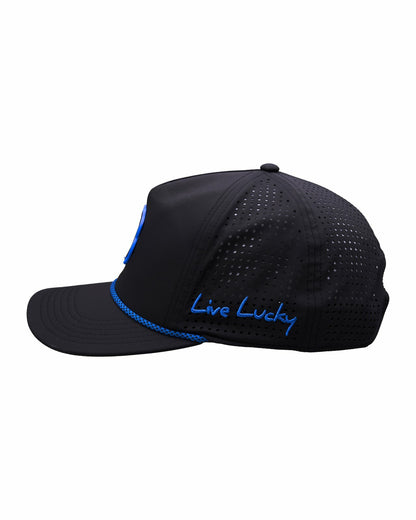 Unisex Black Summer Rope Hat with Neon Blue Clover Logo