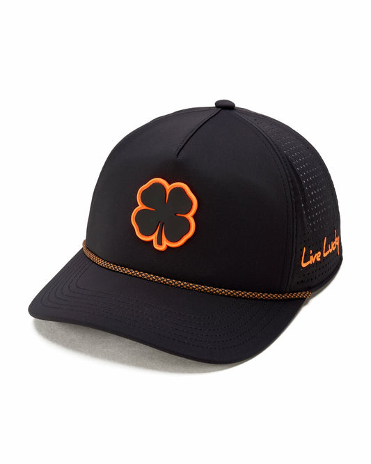 Unisex Black Summer Rope Hat with Neon Orange Clover Logo
