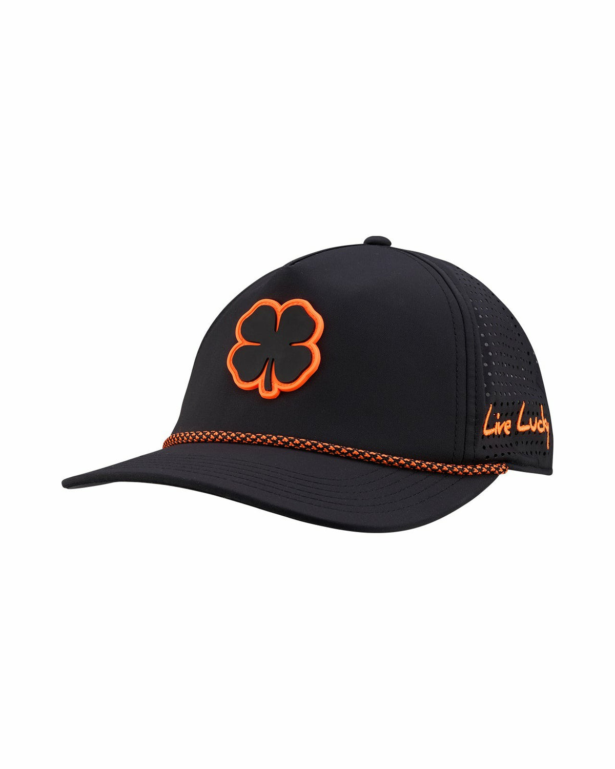 Unisex Black Summer Rope Hat with Neon Orange Clover Logo