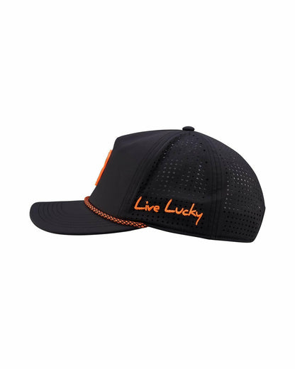 Unisex Black Summer Rope Hat with Neon Orange Clover Logo