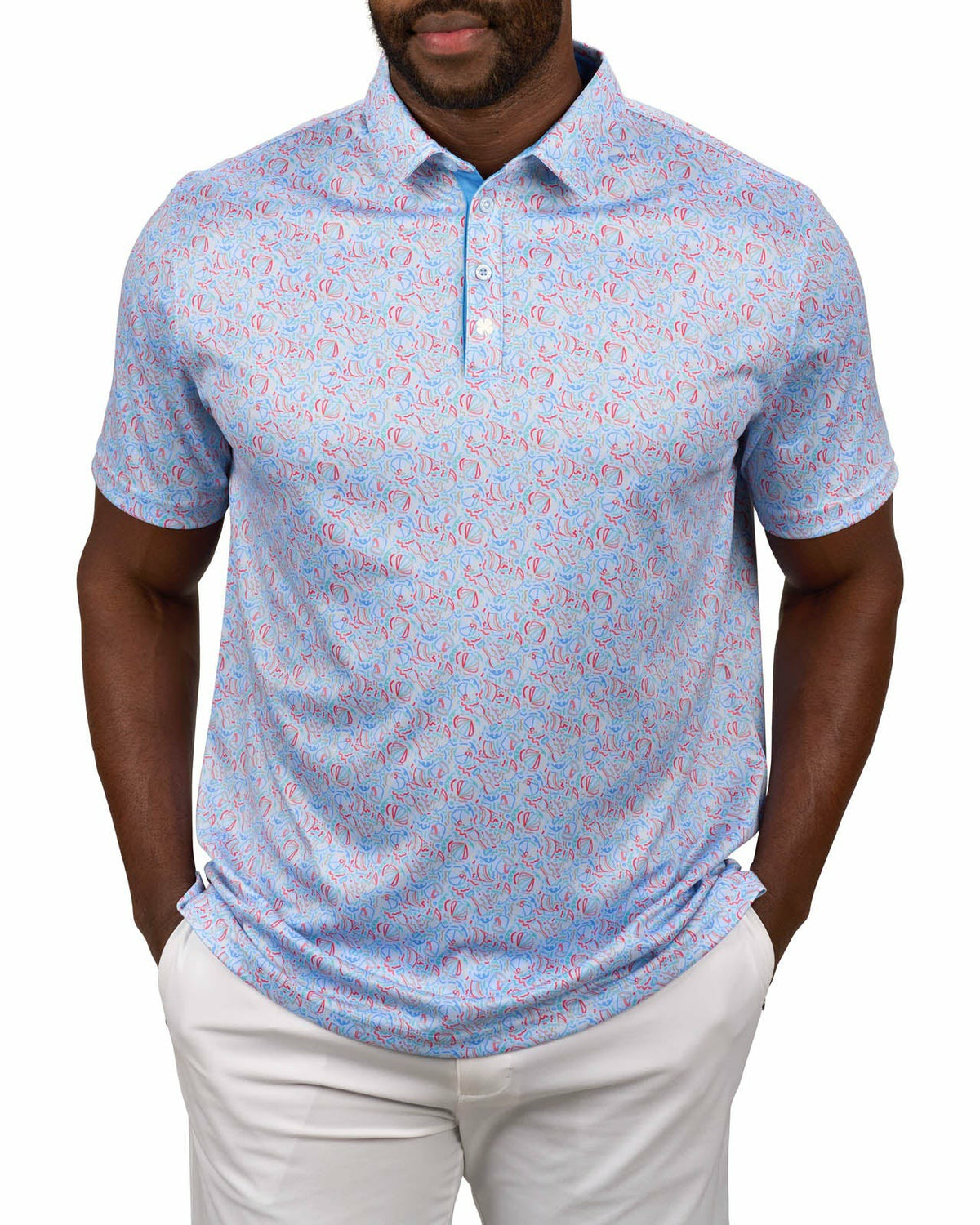 Men's Light Blue Beach Print Polo for Golf or Business