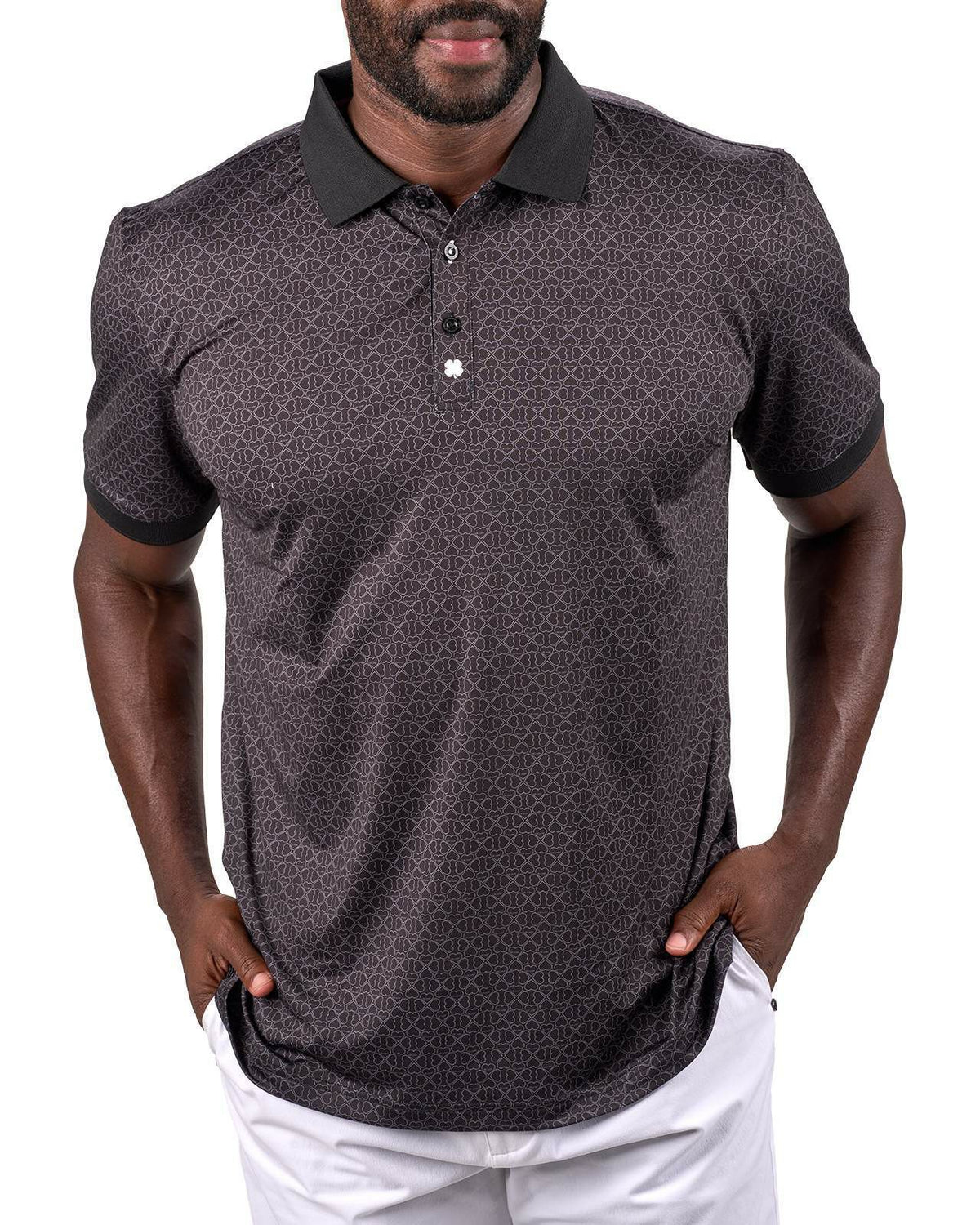 Men's Premium Black Golf Polo with Clover Pattern
