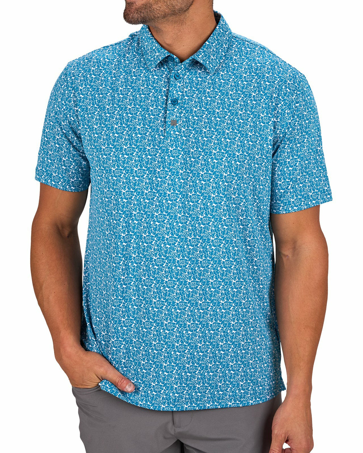 Men's Stylish Floral Teal Blue Polo for Golf or Business