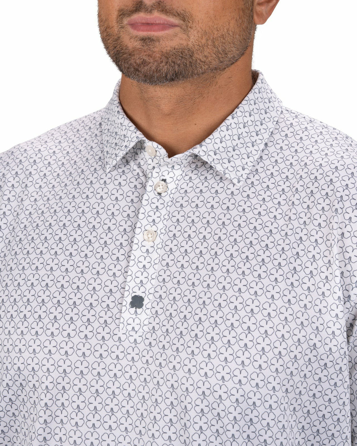Men's Stylish White Performance Polo with Clover Pattern