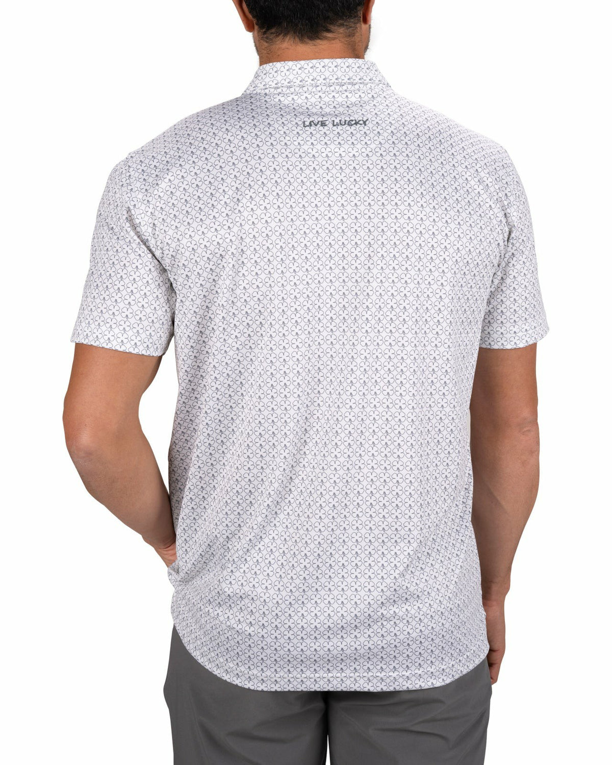 Men's Stylish White Performance Polo with Clover Pattern