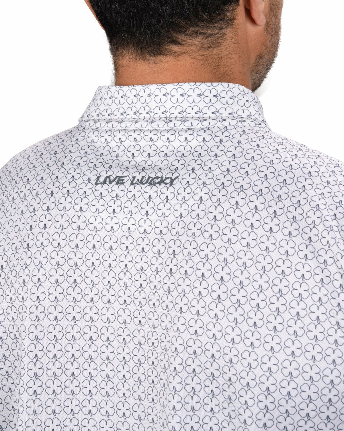 Men's Stylish White Performance Polo with Clover Pattern