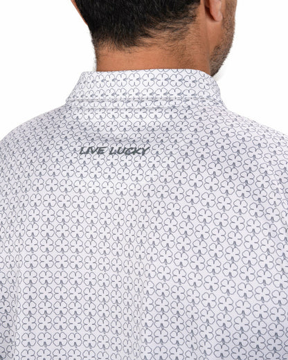 Men's Stylish White Performance Polo with Clover Pattern