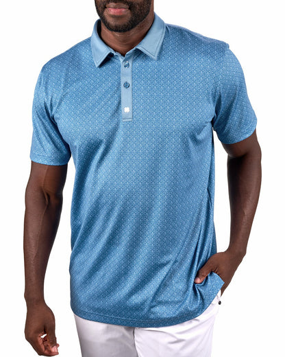 Men's Stylish Blue Performance Polo with White Clover Pattern