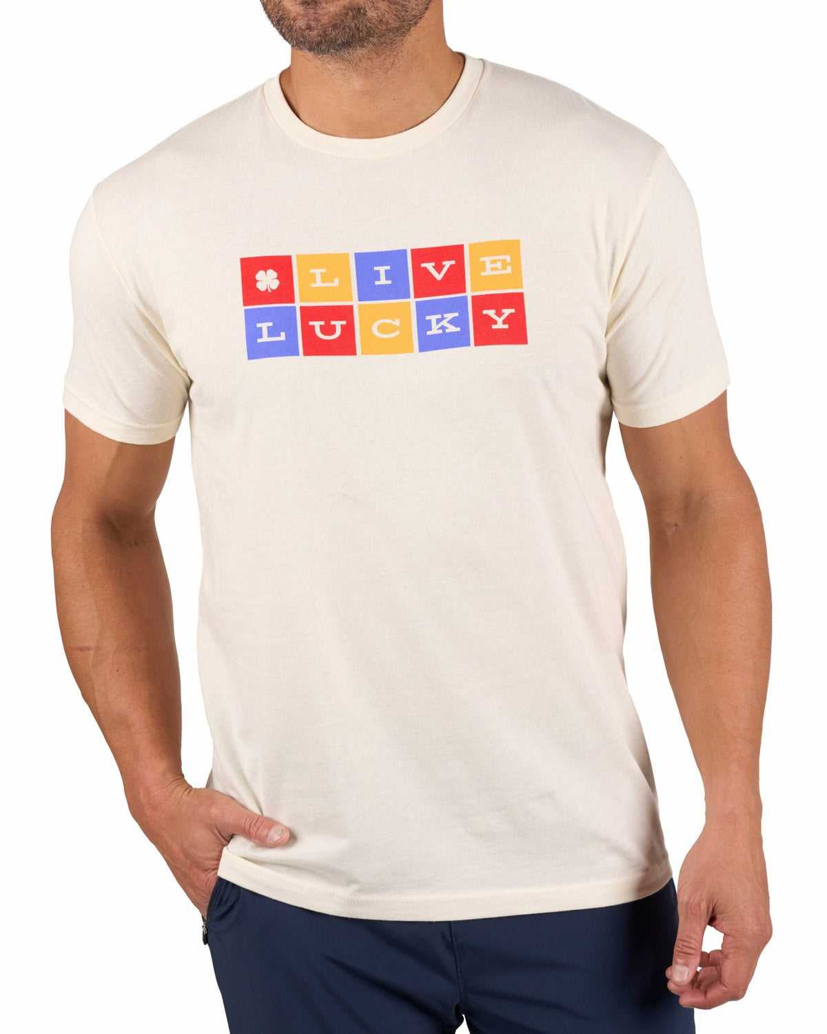 Retro Men's Beige Graphic Tee with Live Lucky Logo