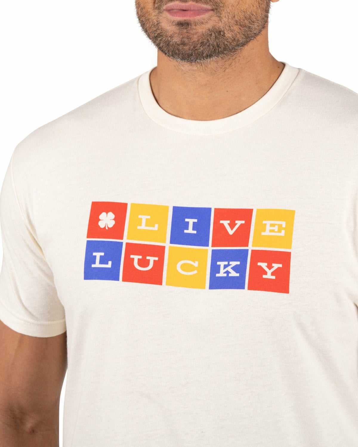 Retro Men's Beige Graphic Tee with Live Lucky Logo