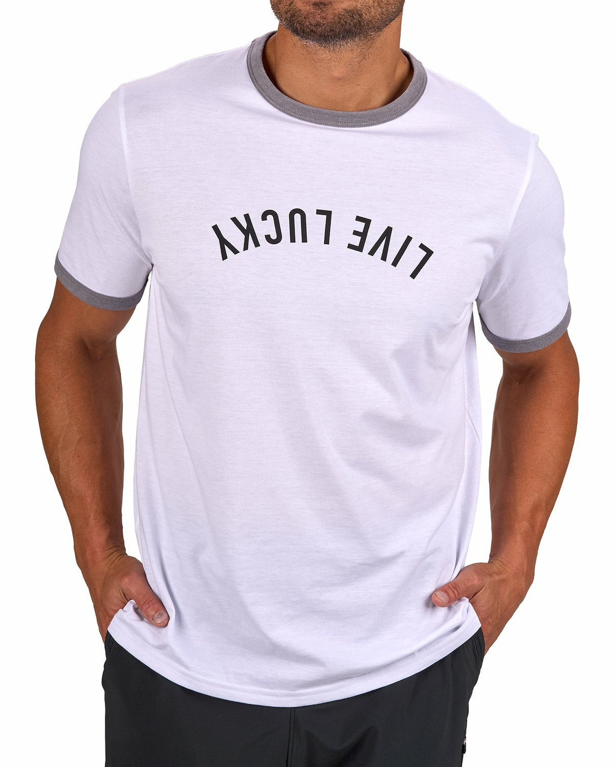 Super Soft Men's White Graphic Tee with Live Lucky logo