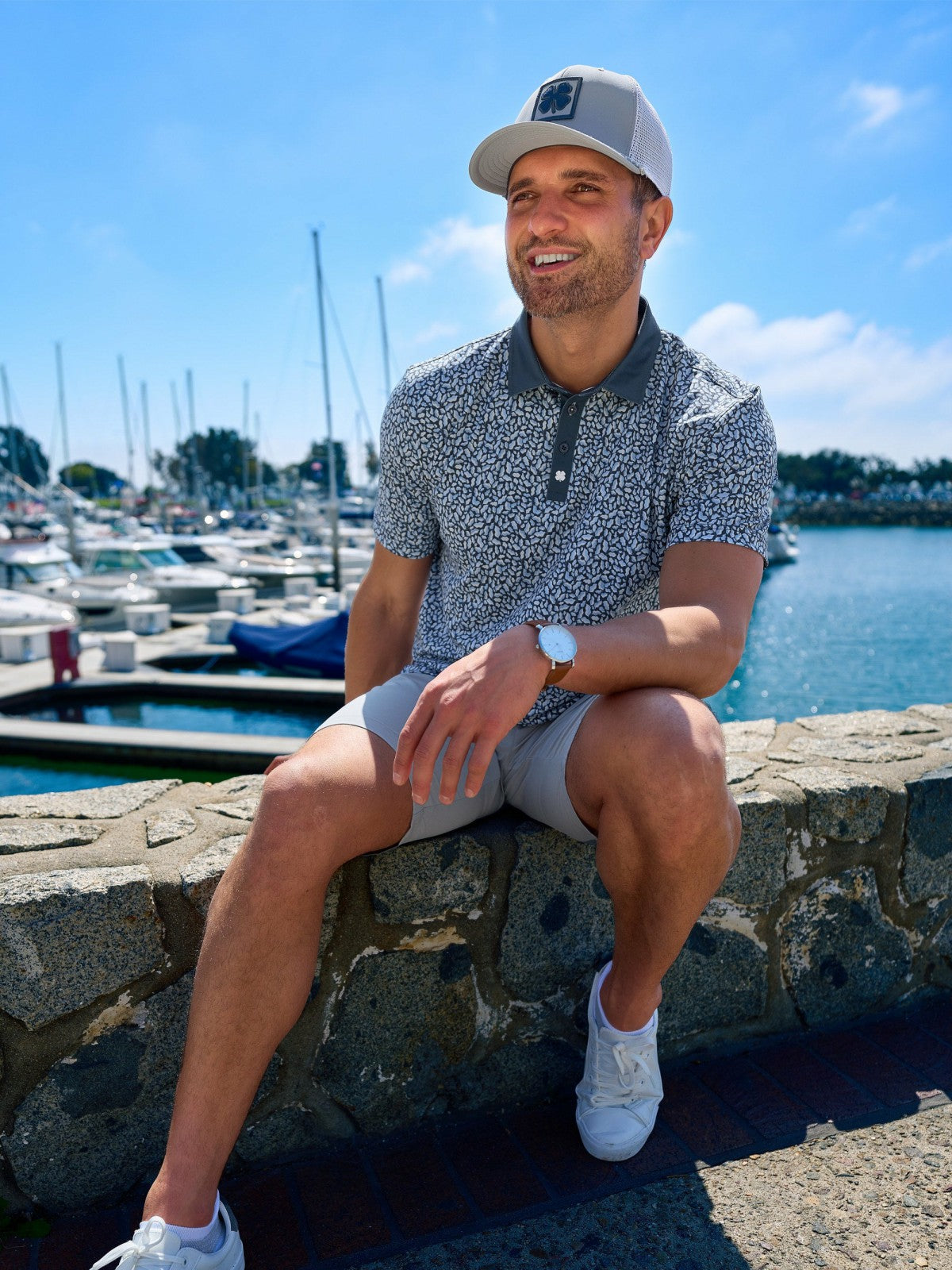 Men's Blue Floral Performance Polo for Golf and Lifestyle