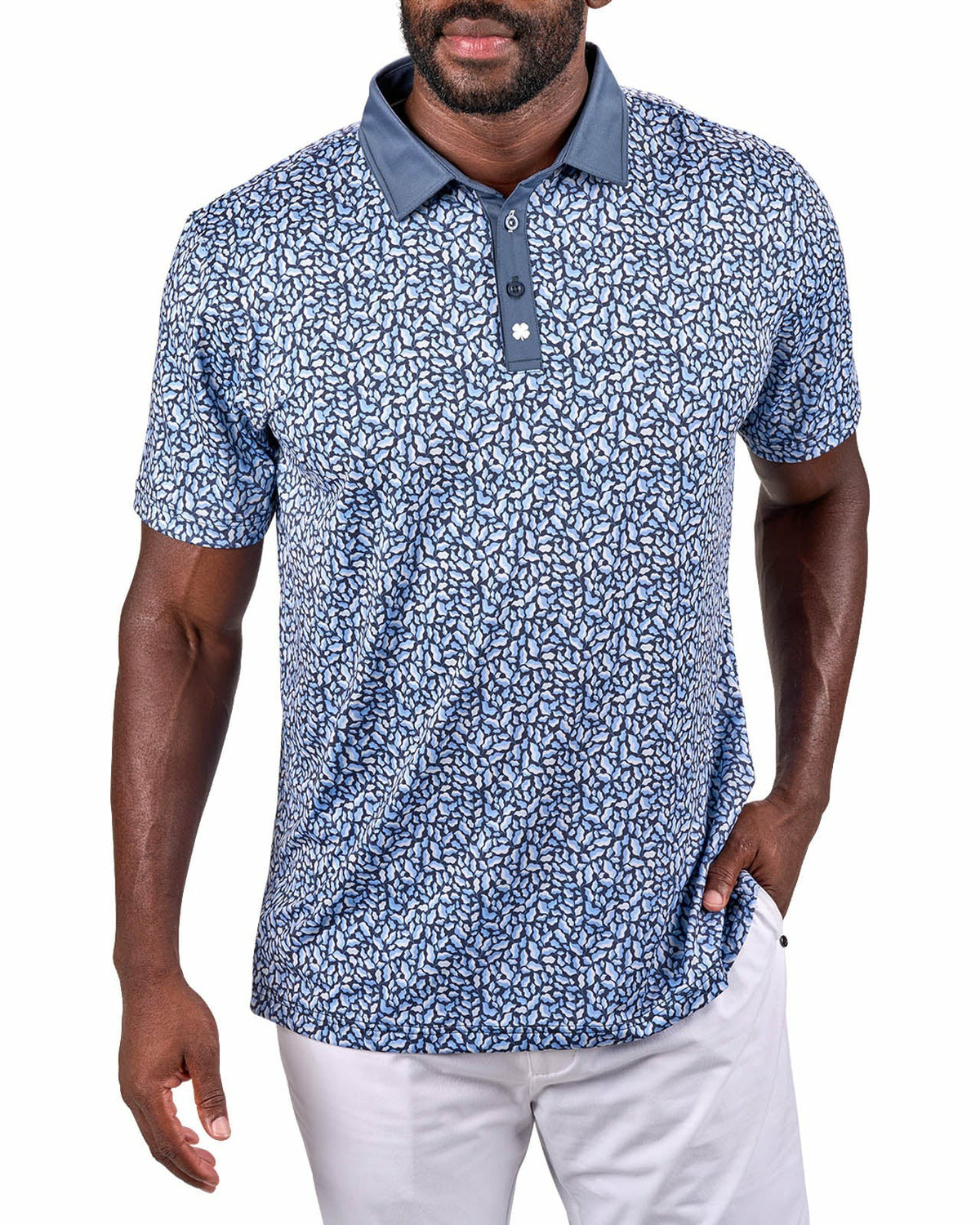 Men's Blue Floral Performance Polo for Golf and Lifestyle