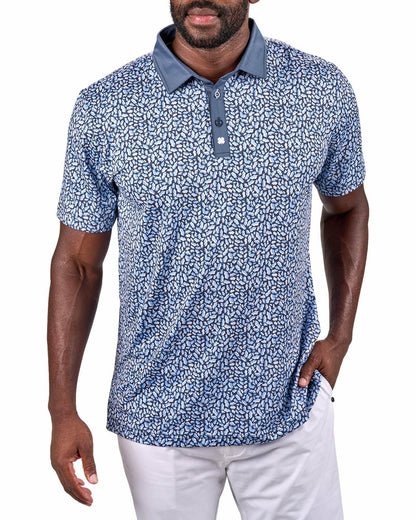 Men's Blue Floral Performance Polo for Golf and Lifestyle