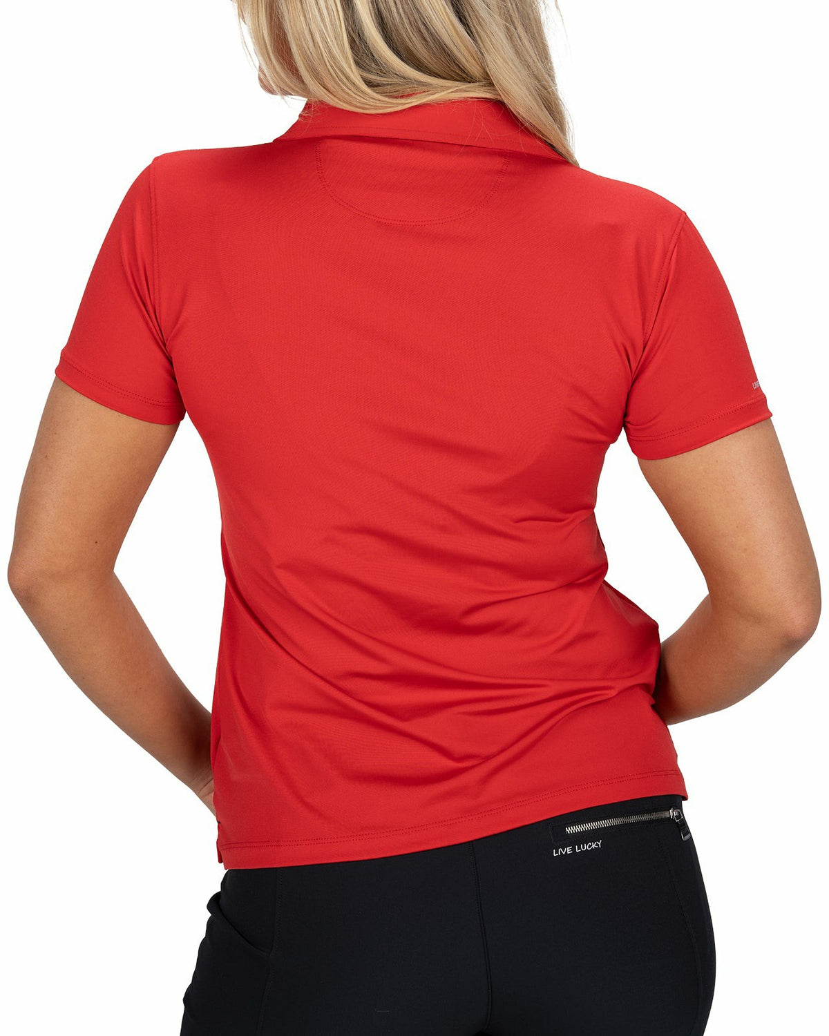 Slightly Fitted Women's Five-Button Red Polo with Accent Piping on Placket