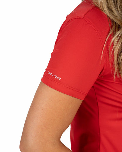 Slightly Fitted Women's Five-Button Red Polo with Accent Piping on Placket