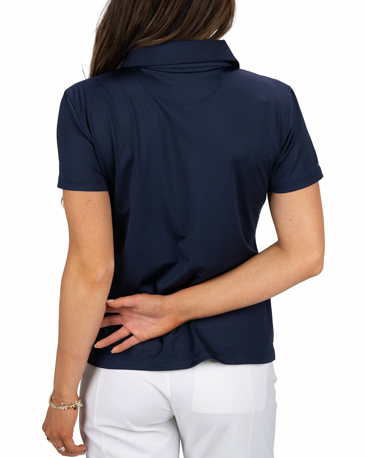 Slightly Fitted Women's Five-Button Navy Blue Polo with Accent Piping on Placket