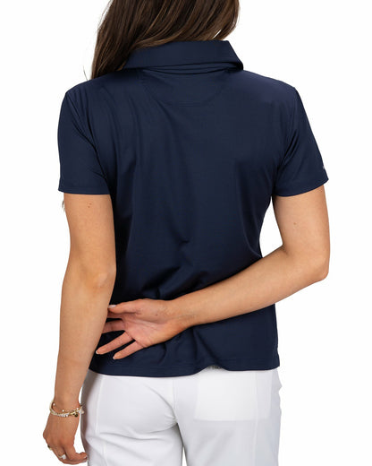 Slightly Fitted Women's Five-Button Navy Blue Polo with Accent Piping on Placket