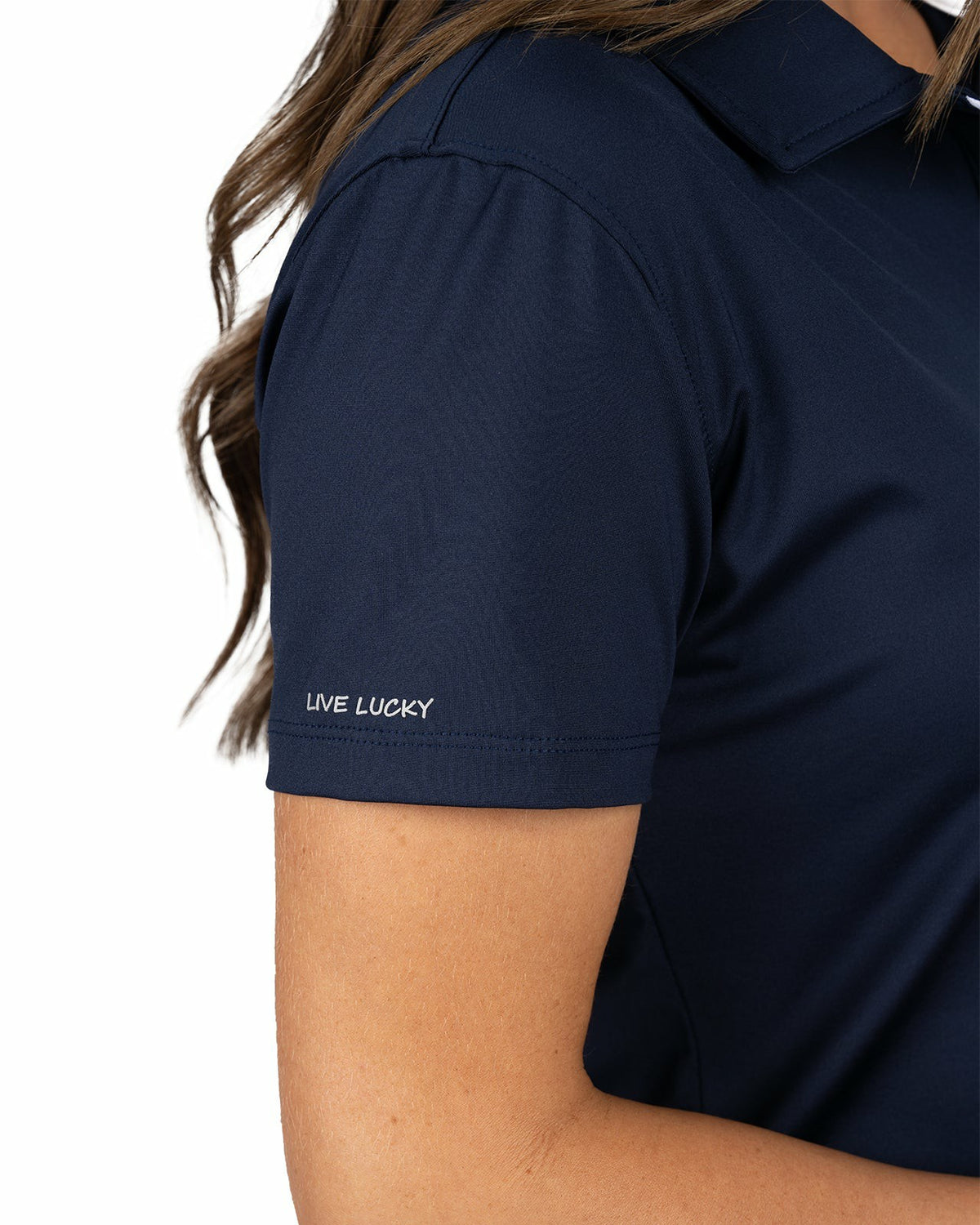 Slightly Fitted Women's Five-Button Navy Blue Polo with Accent Piping on Placket