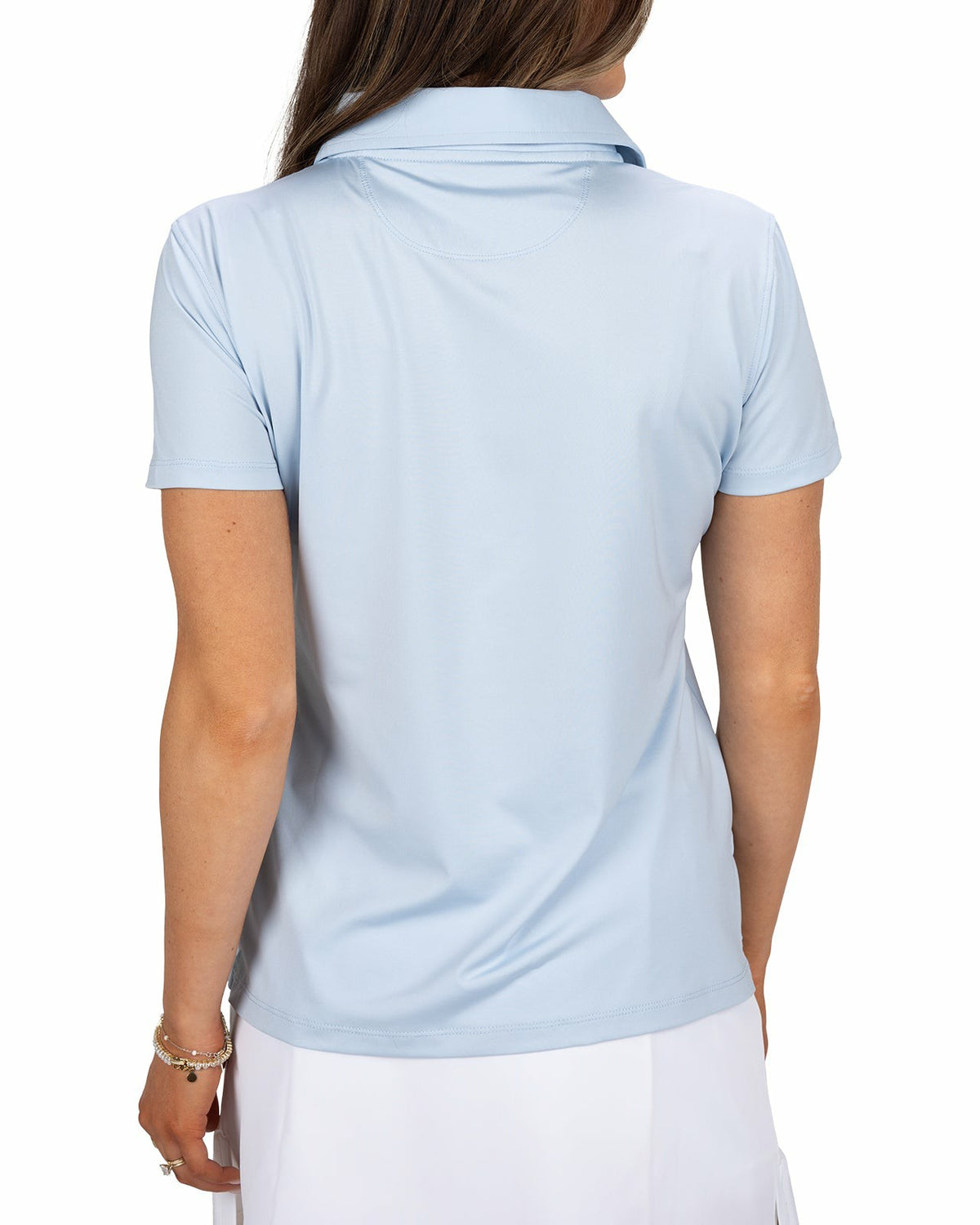 Slightly Fitted Women's Five-Button Light Blue Polo with Accent Piping on Placket