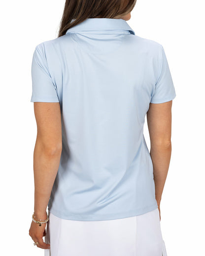 Slightly Fitted Women's Five-Button Light Blue Polo with Accent Piping on Placket