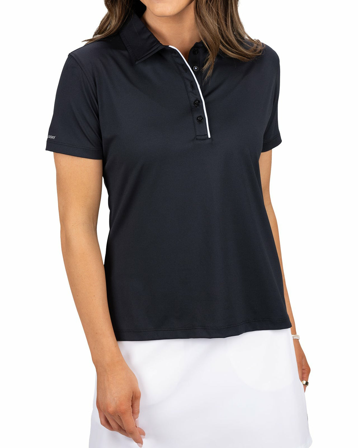 Slightly Fitted Women's Five-Button Black Polo with Accent Piping on Placket