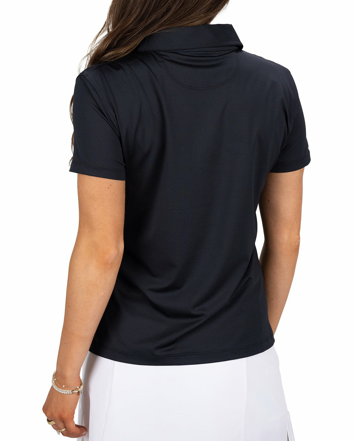 Slightly Fitted Women's Five-Button Black Polo with Accent Piping on Placket