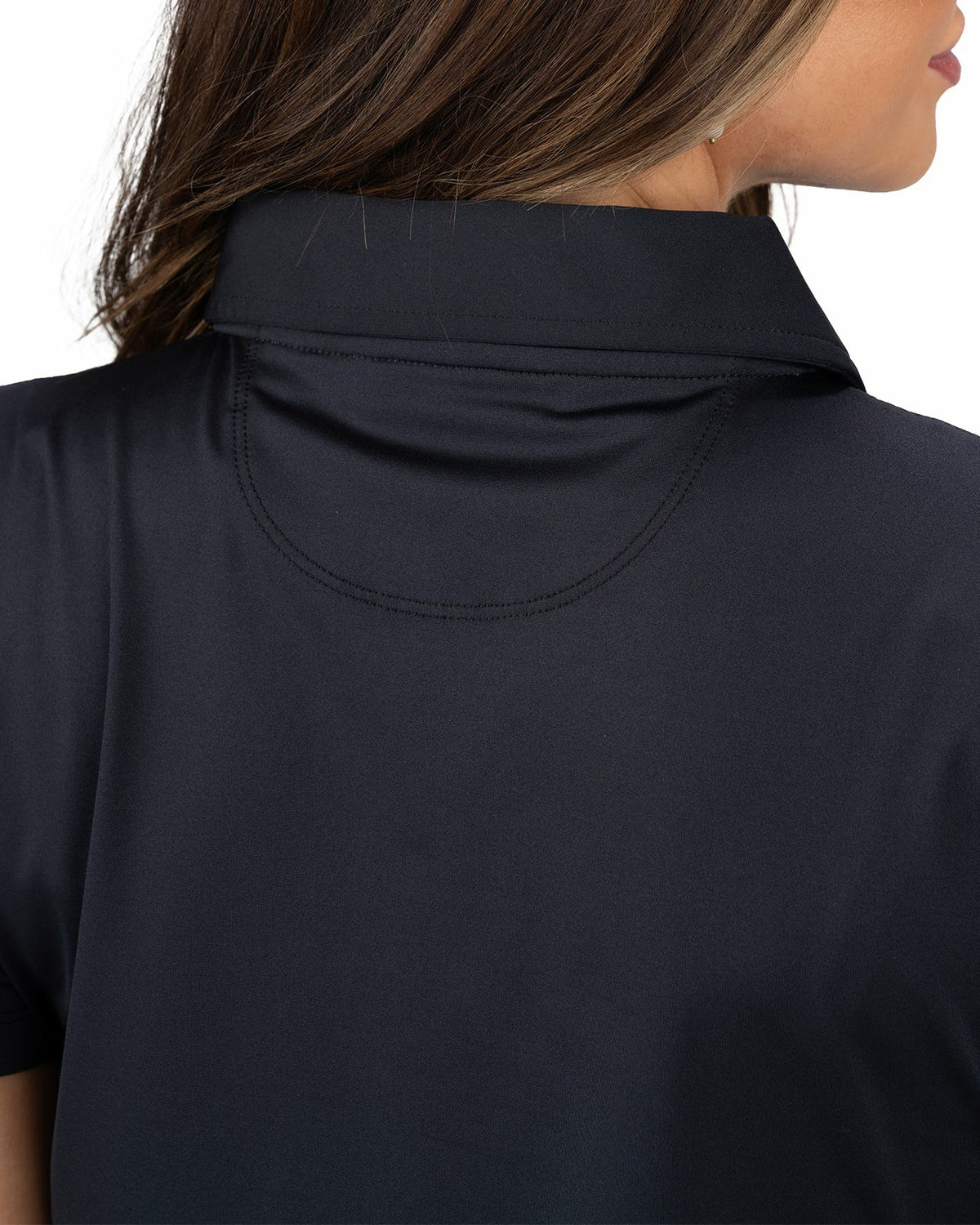Slightly Fitted Women's Five-Button Black Polo with Accent Piping on Placket