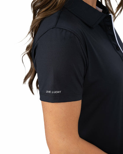 Slightly Fitted Women's Five-Button Black Polo with Accent Piping on Placket