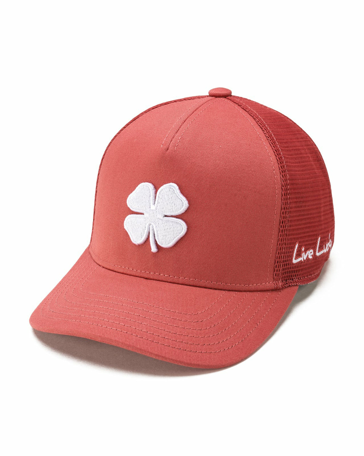 Pink Adjustable Hat with Mesh Back and White Embroidered Clover