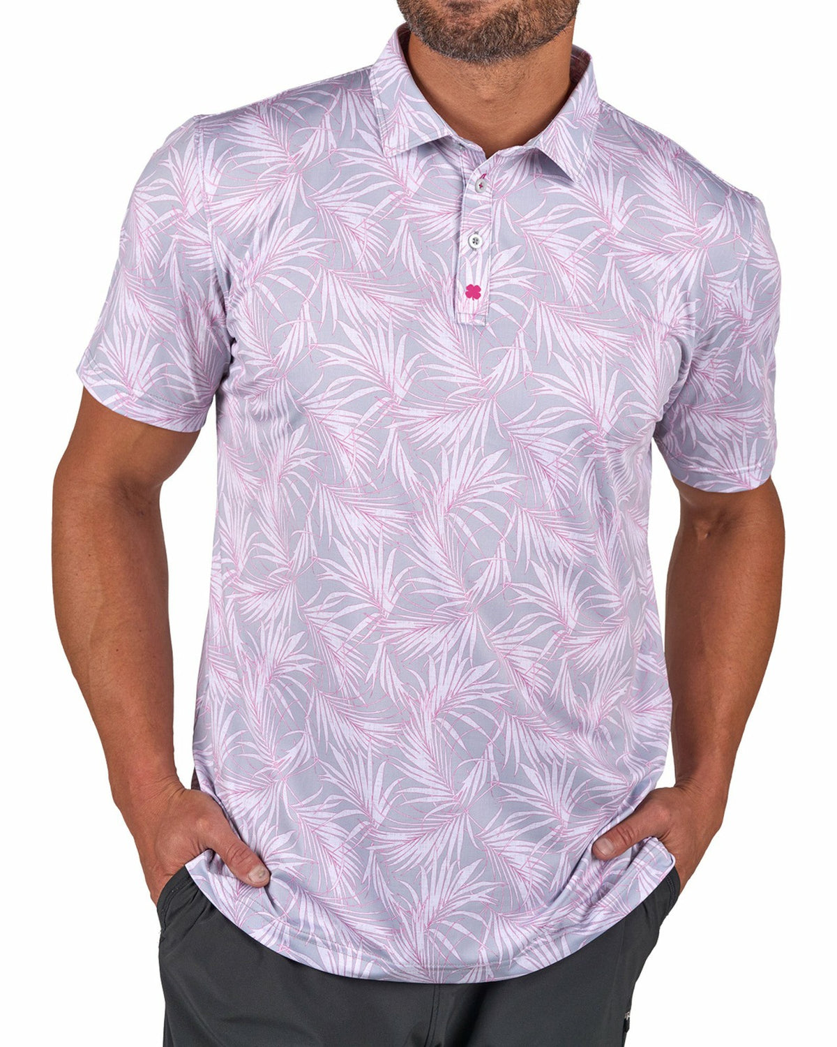 Pink and Gray Tropical Patterned Men's Golf or Business Polo