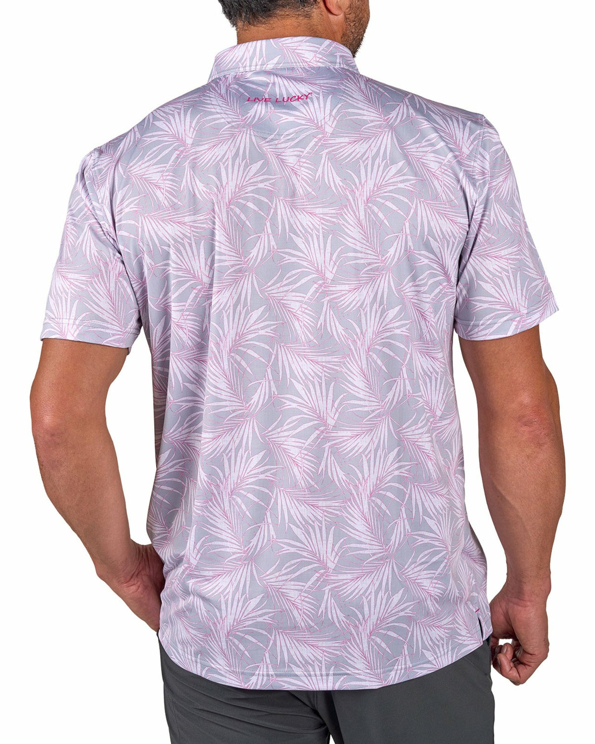 Pink and Gray Tropical Patterned Men's Golf or Business Polo