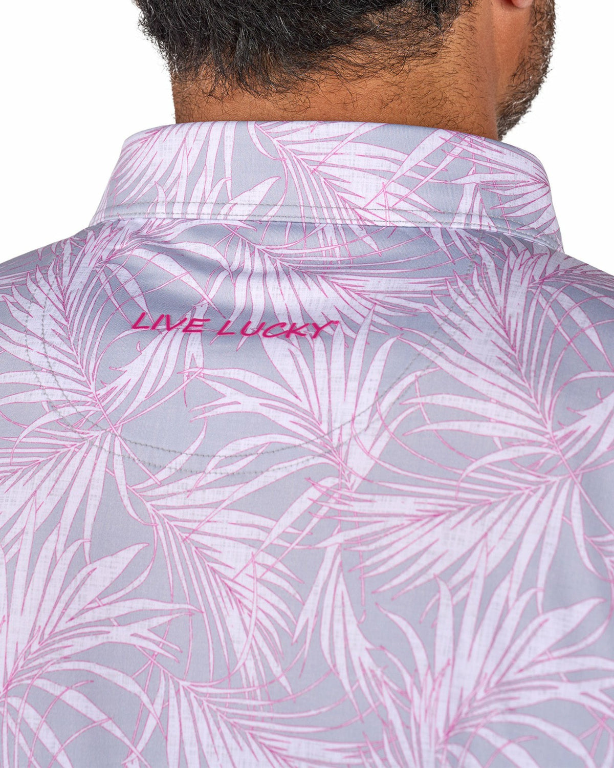 Pink and Gray Tropical Patterned Men's Golf or Business Polo
