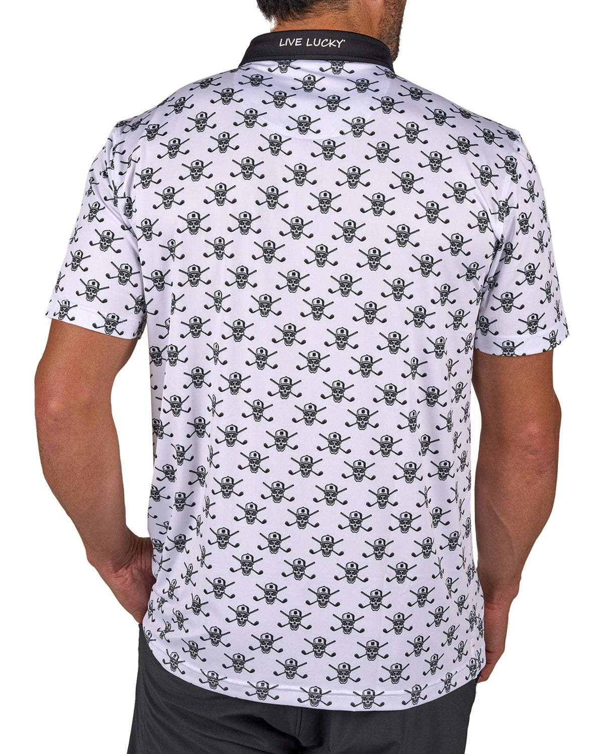 Playful Black and White Skull Patterned Men's Polo for Golf