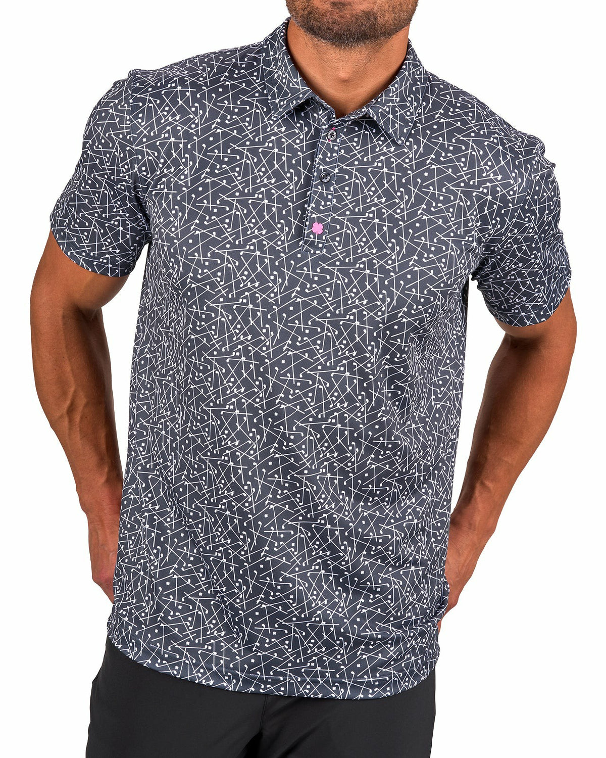 Men's Black Performance Polo with White Mini Golf Club Pattern