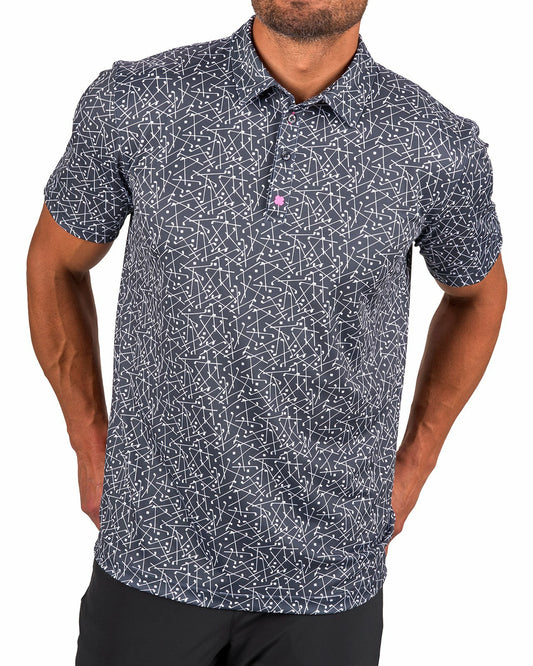 Men's Black Performance Polo with White Mini Golf Club Pattern