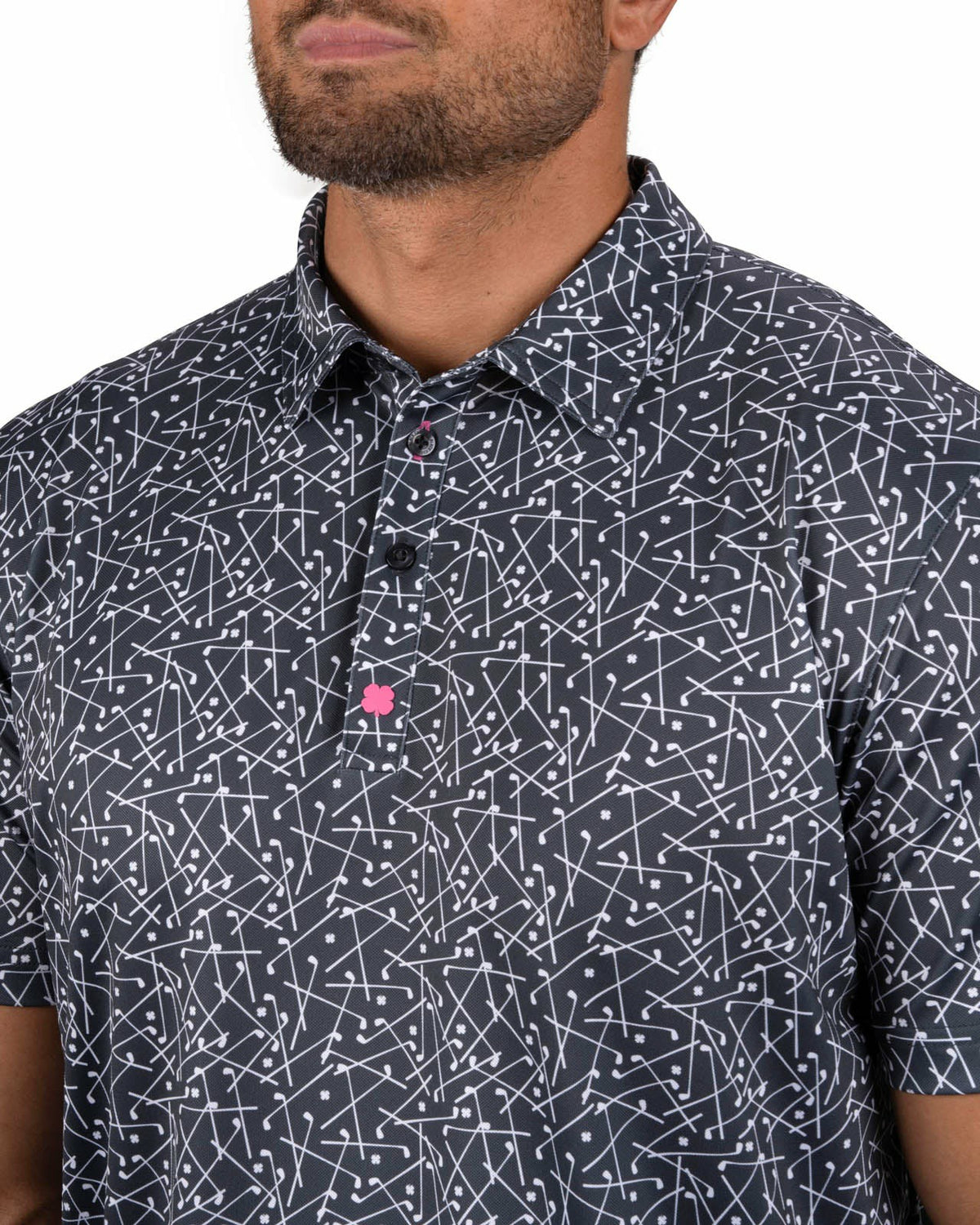 Men's Black Performance Polo with White Mini Golf Club Pattern