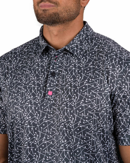 Men's Black Performance Polo with White Mini Golf Club Pattern