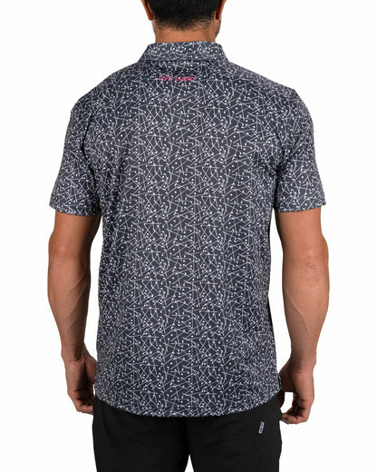 Men's Black Performance Polo with White Mini Golf Club Pattern