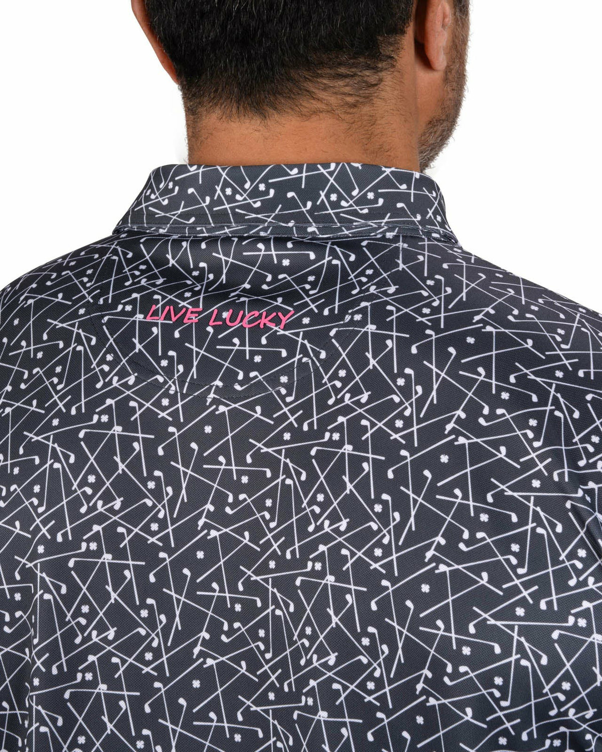 Men's Black Performance Polo with White Mini Golf Club Pattern