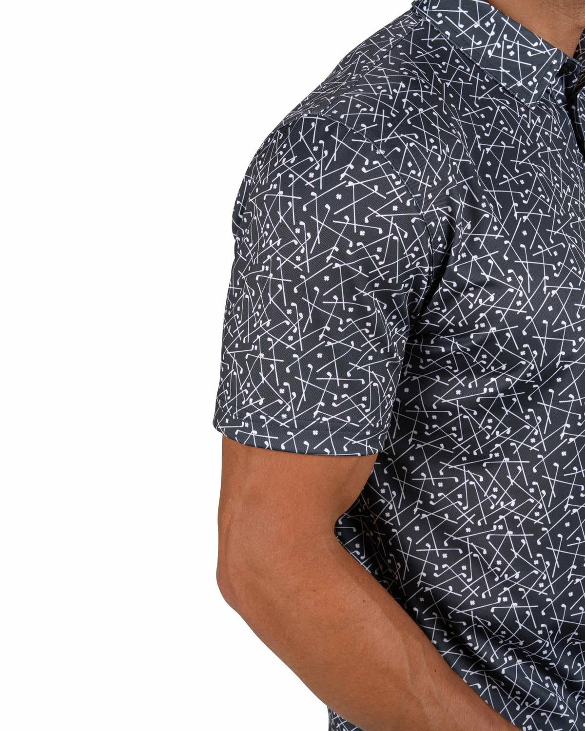 Men's Black Performance Polo with White Mini Golf Club Pattern