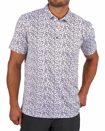 Men's White Performance Polo with Black Mini Golf Club Pattern