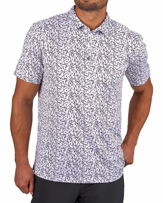Men's White Performance Polo with Black Mini Golf Club Pattern